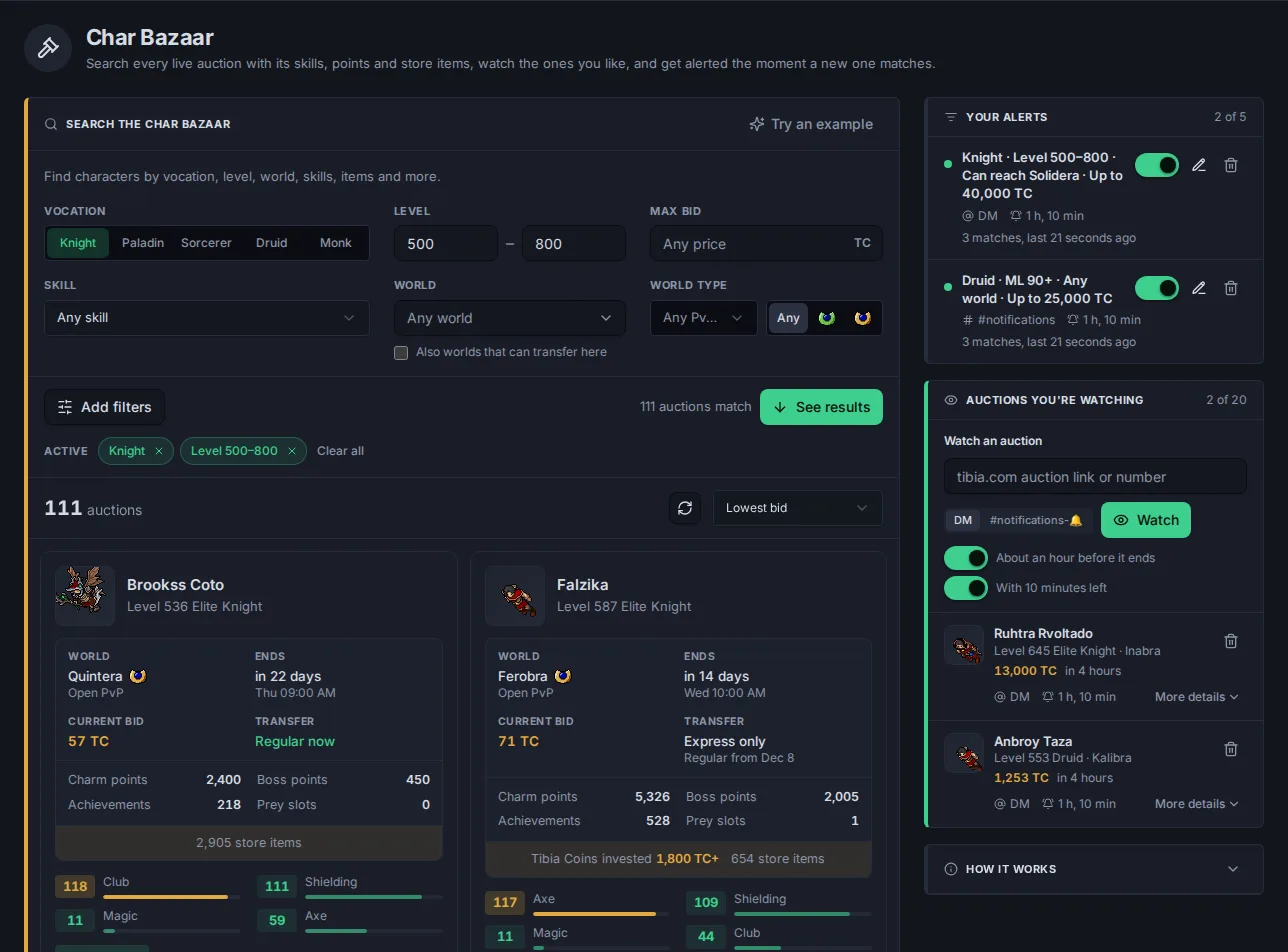The Char Bazaar search on the Lemon Bot dashboard: filters at the top, auction cards with skills, store items and Tibia Coins invested